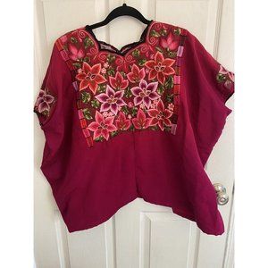 VINTAGE 70s 80s HAND-MADE Poncho EMBROIDERED Pink Green  Shawl Boho